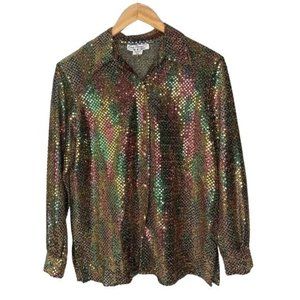 Vintage 70s 80s Eva Laurel Womens blouse sequins gold multiple size 8P USA Made